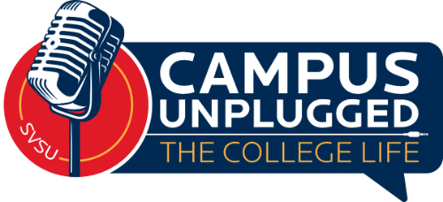 Workmark for Campus Unplugged podcast featuring comic book style callout that has a red circle with an retro microphone with SVSU letters.